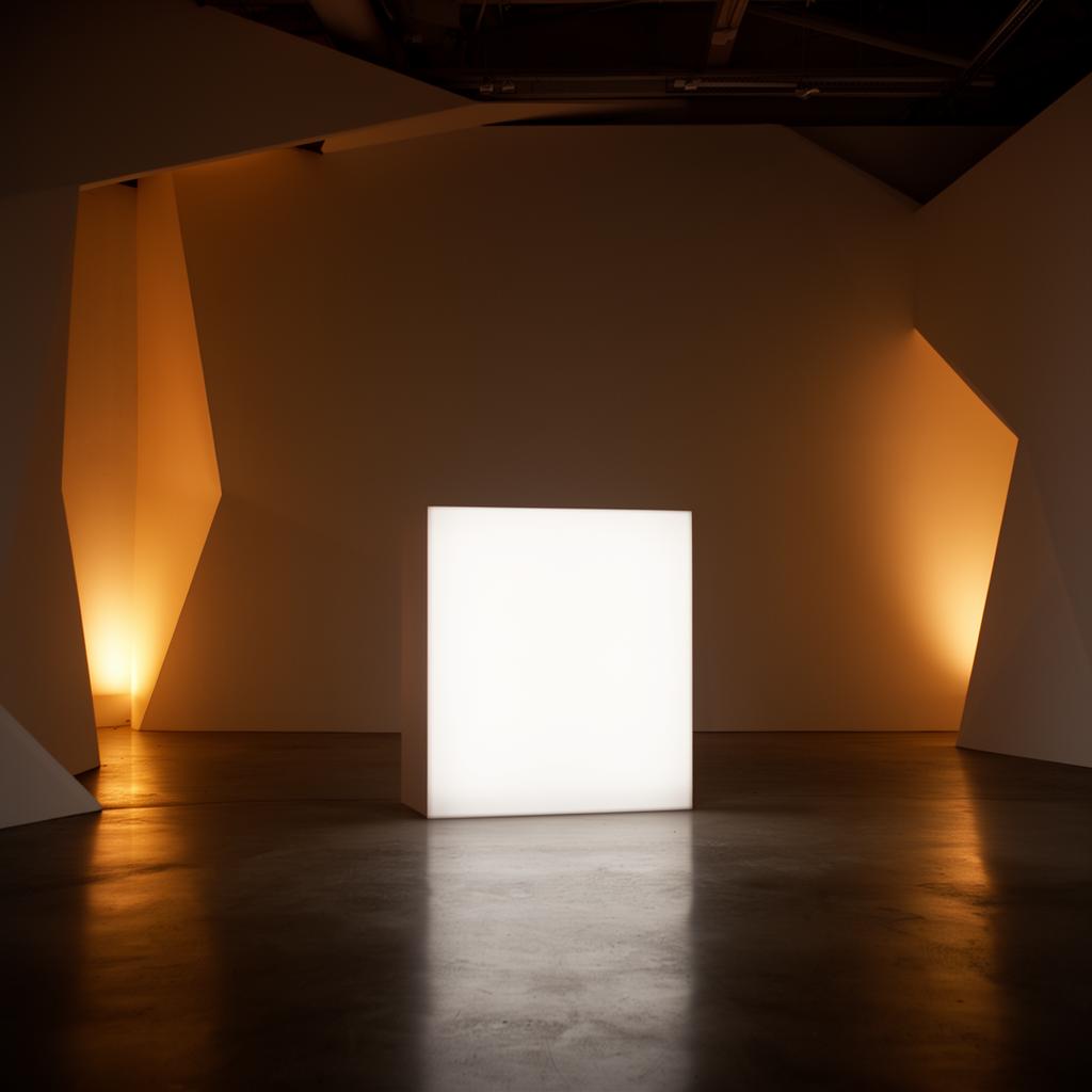 A minimal brand activation interior with a single illuminated plinth and dramatic warm lighting
