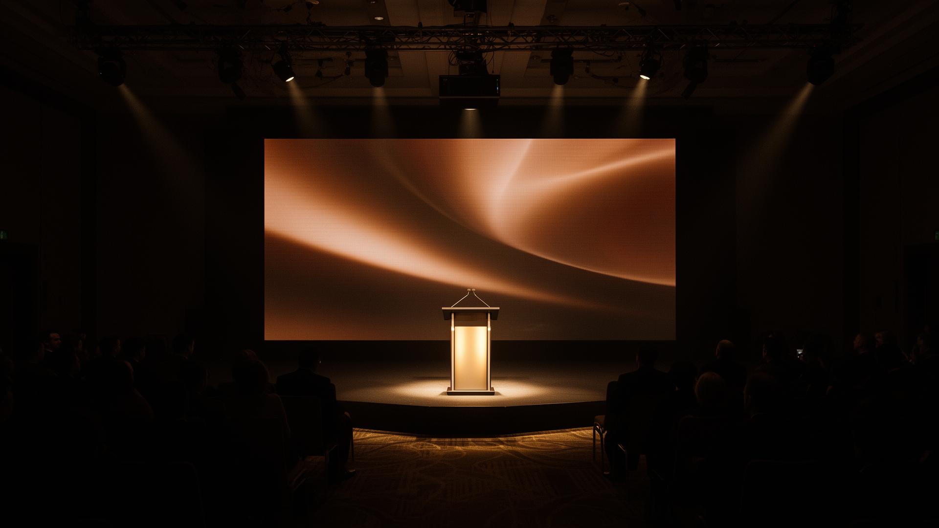 A dimly lit ballroom with a lectern lit by warm spotlights, an abstract amber gradient on the LED wall behind